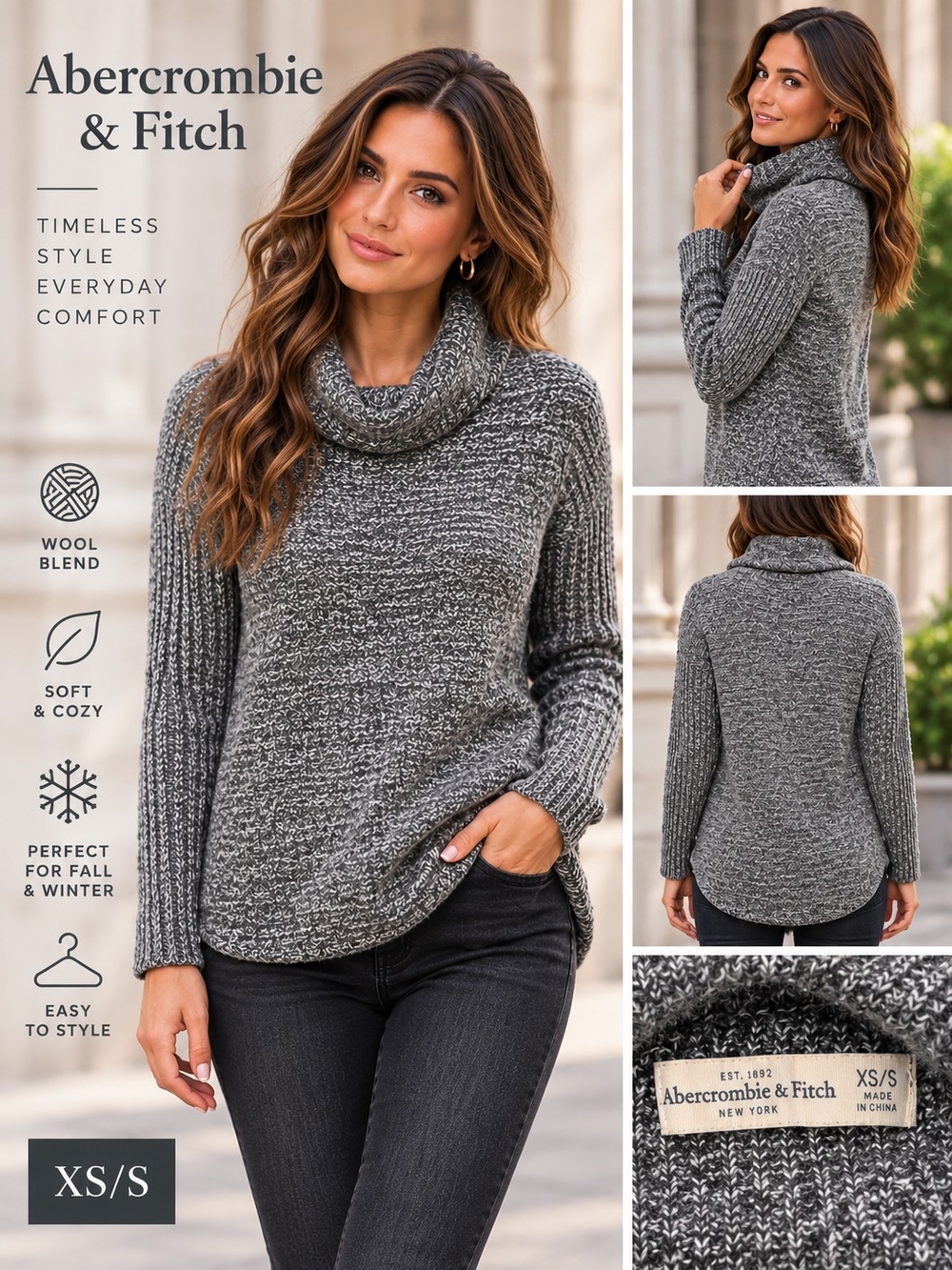 Abercrombie & Fitch Gray Marled Cowl Neck Wool Blend Sweater XS/S